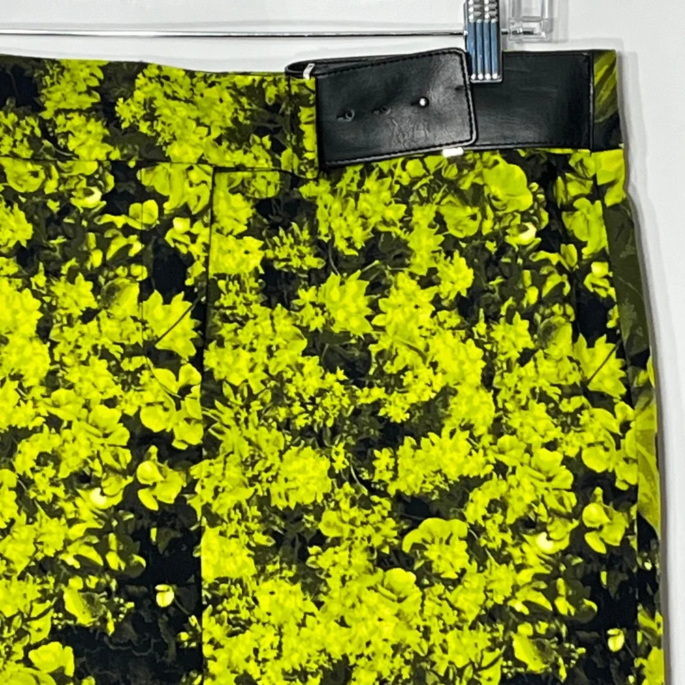 Michael Michael Kors Neon Lime Floral Pencil Skirt Black Buckle Detail Size 6
